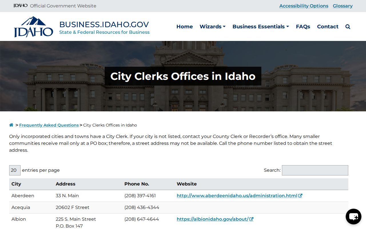 Idaho city clerk directory entry relevant to Leadore local records