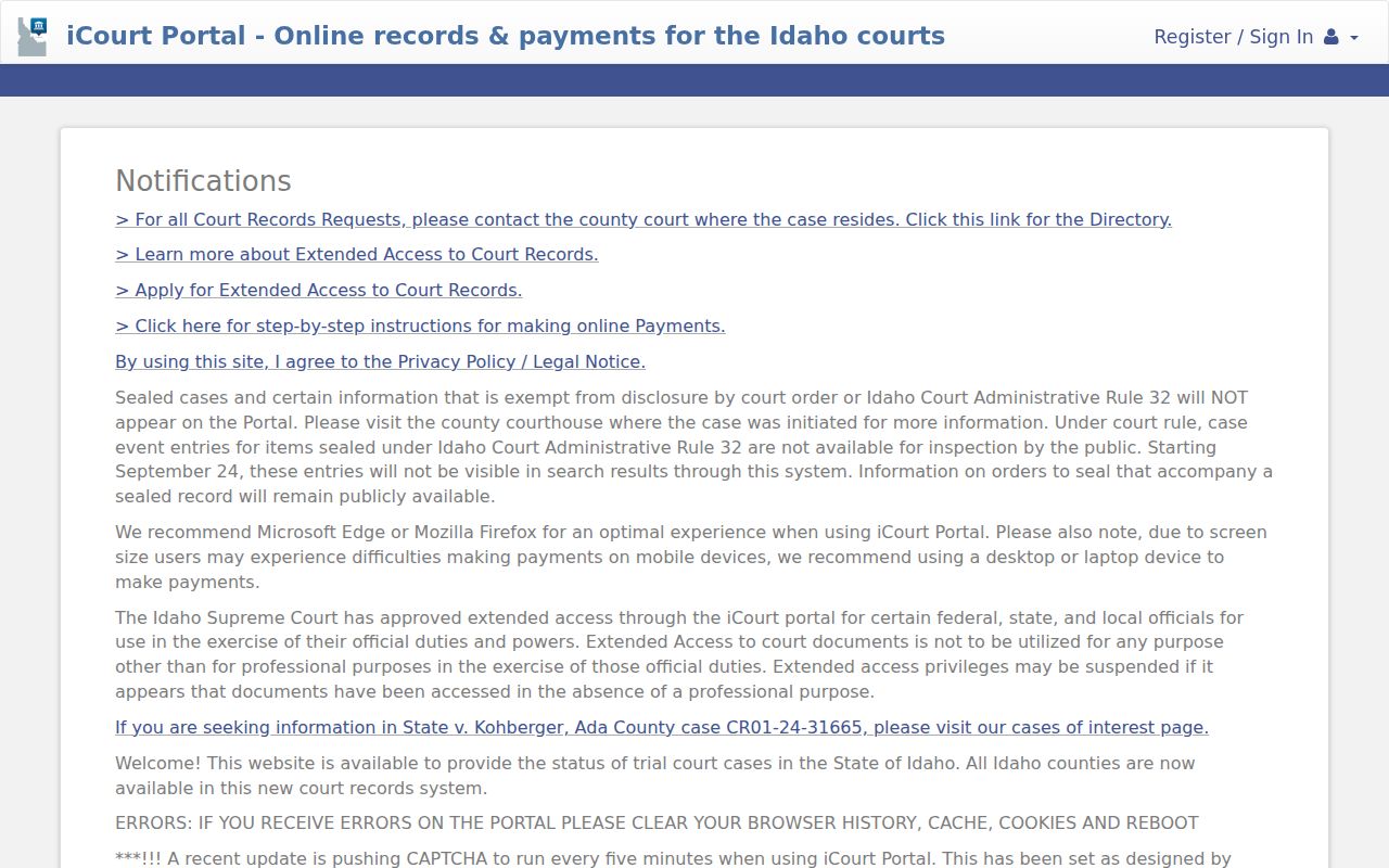 Idaho iCourt search for Lemhi County criminal cases