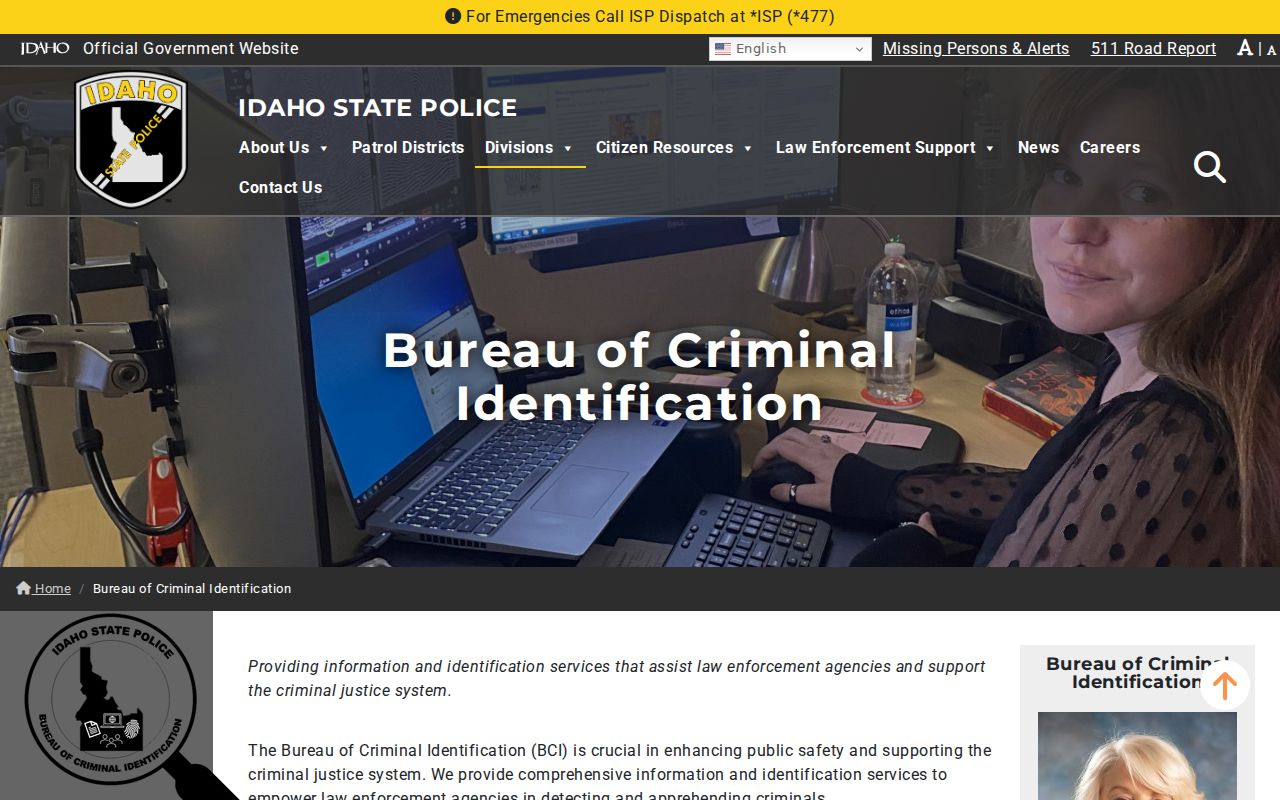 Lemhi County criminal history Bureau of Criminal Identification office