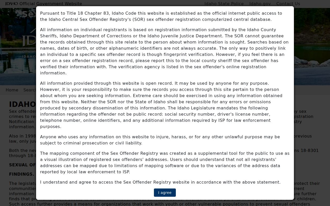 Idaho Central Sex Offender Registry name search fields for a Lemhi County lookup